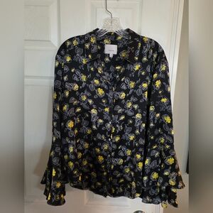 Cinq A Sept Kirby Silk Floral Black Yellow Women's Blouse Ruffle Sleeves Medium